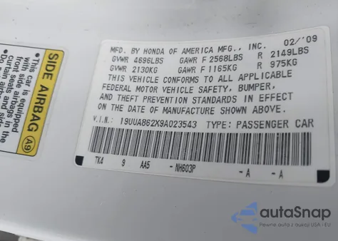 2009 Acura Tl 3.5 из США, поврежденный, VIN 19UUA862X9A023543